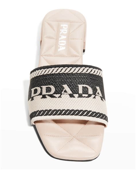 prada bicolor logo cotton flat sandals|prada studded pony skin sandals.